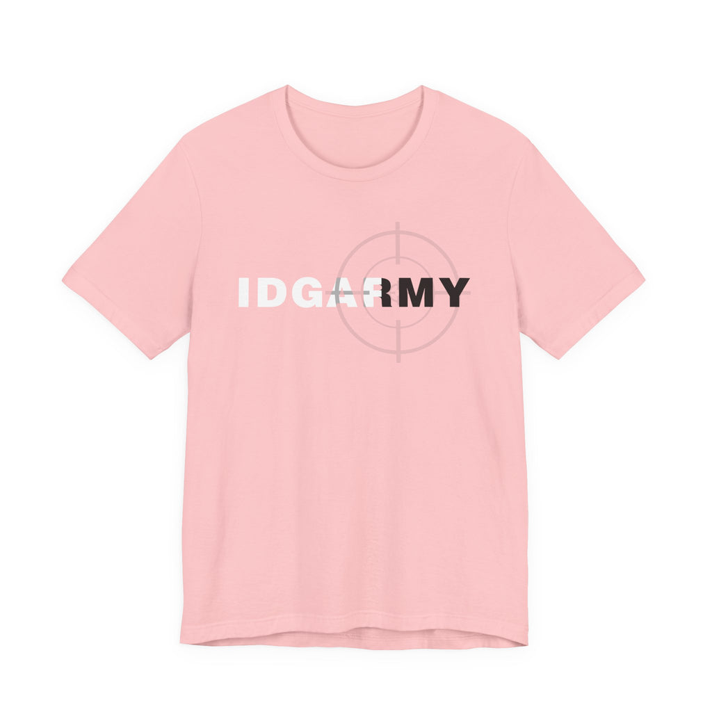 Pink IDGAF Army T-shirt shown flat with white and charcoal front lettering