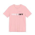 Pink IDGAF Army T-shirt shown flat with white and charcoal front lettering