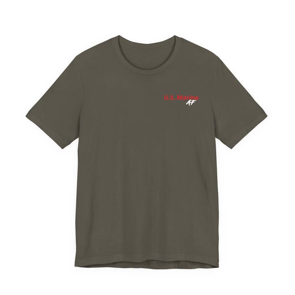 Marine Corps veteran T-shirt in Army green laid flat with a U.S. MARINE AF chest print