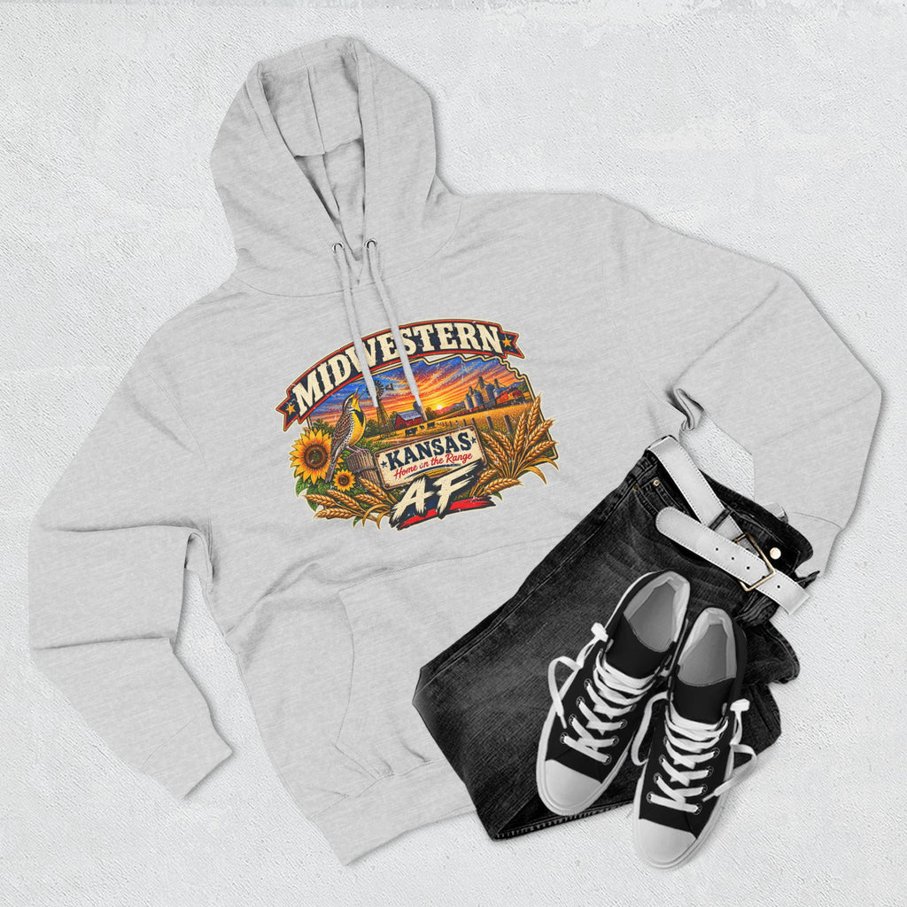 Heather grey Kansas AF hoodie flat-lay with jeans and sneakers