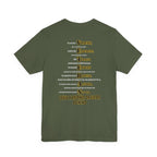 Army veteran T-shirt in Military Green showing the VETERAN acrostic back print in gold
