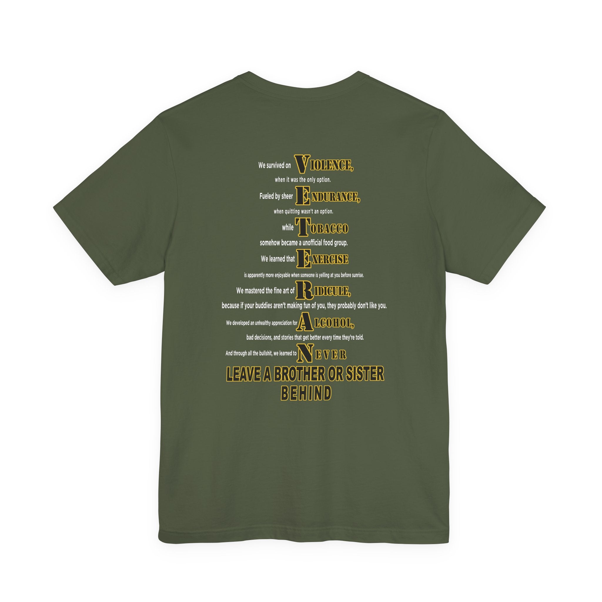 Army veteran T-shirt in Military Green showing the VETERAN acrostic back print in gold