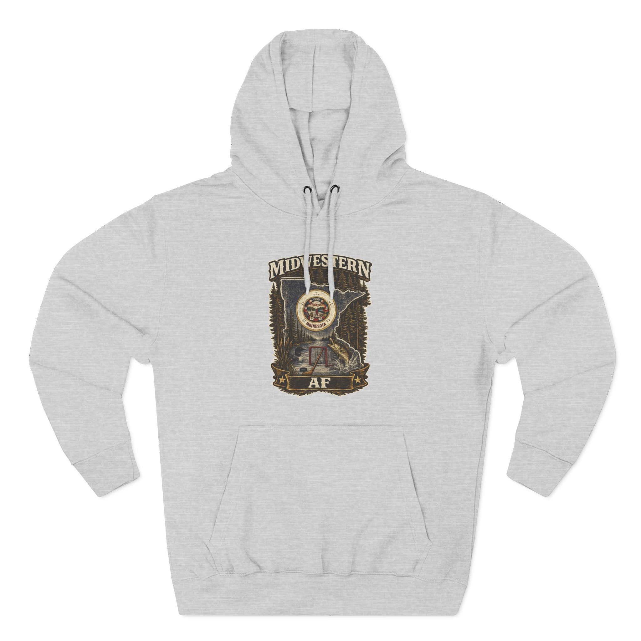 Family Friendly Midwestern AF Minnesota Hoodie in Heather Grey – distressed Minnesota state flag design with pine trees, loon and walleye