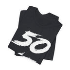 Folded Vintage Black tees stacked with the white 50 print across the top fold