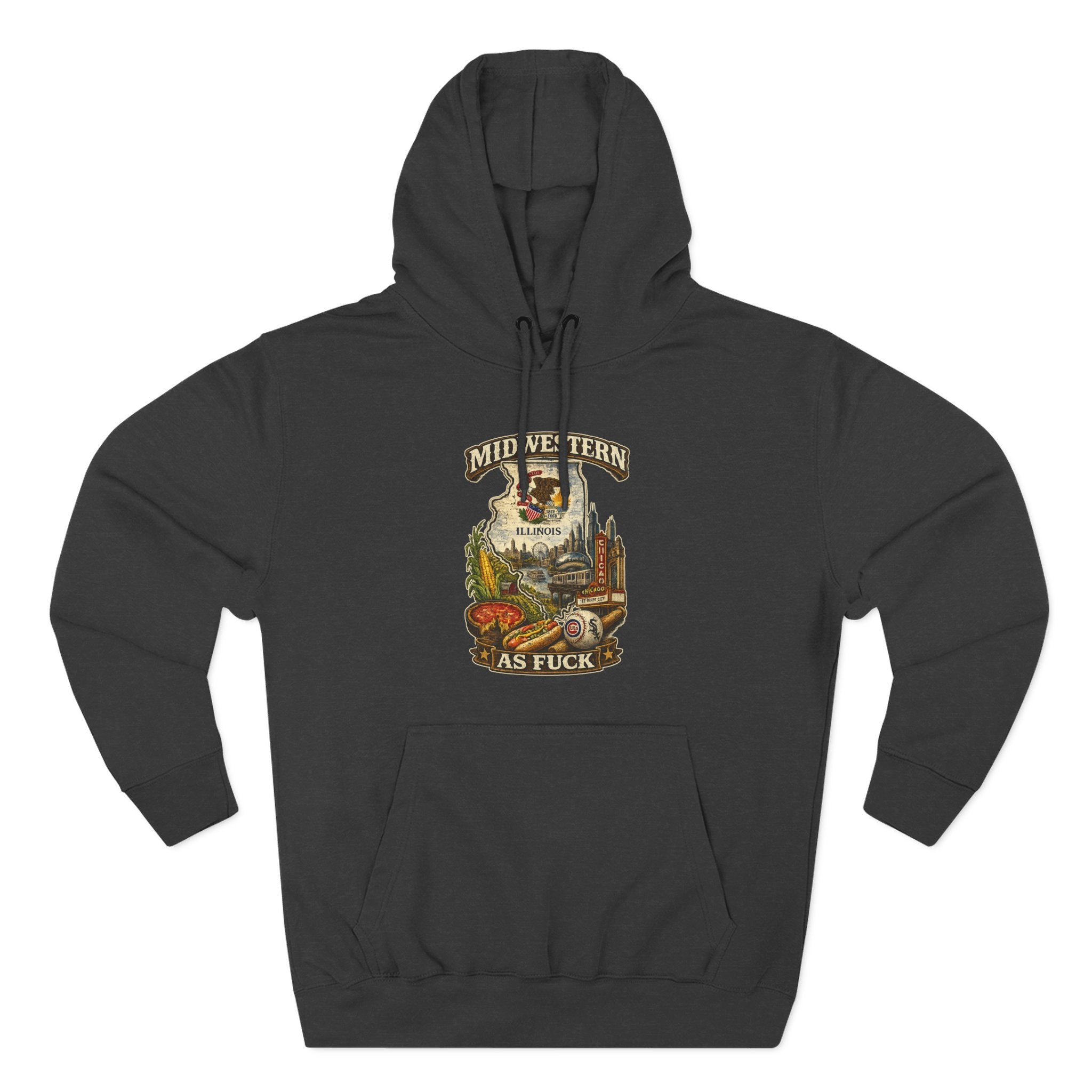 Midwestern As Fuck Illinois Hoodie in Charcoal Heather – a distressed vintage design featuring the Illinois state outline overlaid with the state flag, surrounded by the Chicago skyline, the Chicago Theatre sign, The Bean, deep-dish pizza, a Chicago-style hot dog, and towering corn fields