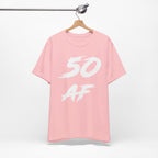 Pink birthday t-shirt on a hanger with the white 50 AF brush print