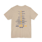 Navy veteran tee in Tan with the VETERAN acrostic back print over a faded aircraft carrier