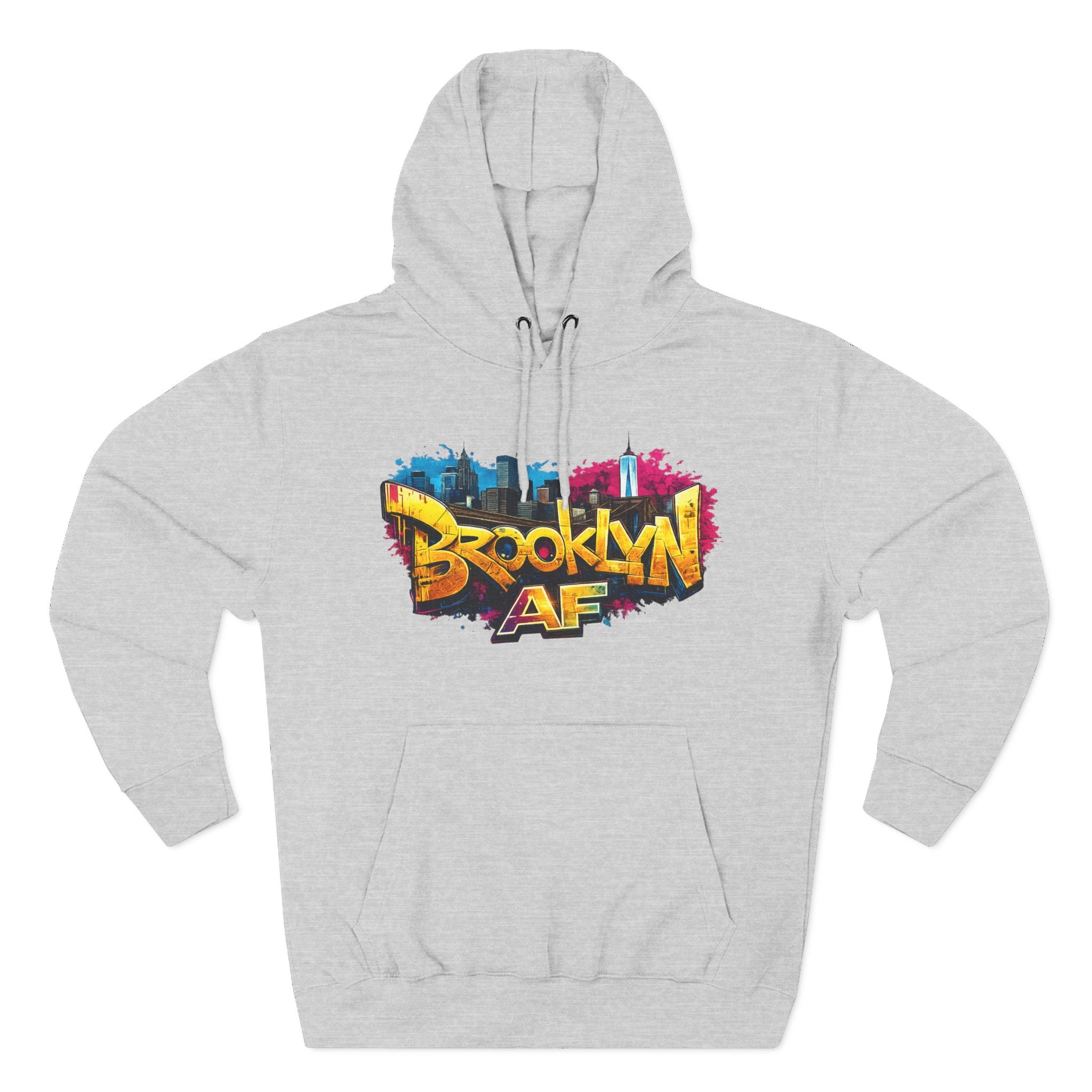 Heather Grey hoodie, flat lay front view, with graffiti-style Brooklyn AF logo and NYC skyline paint-splash print.