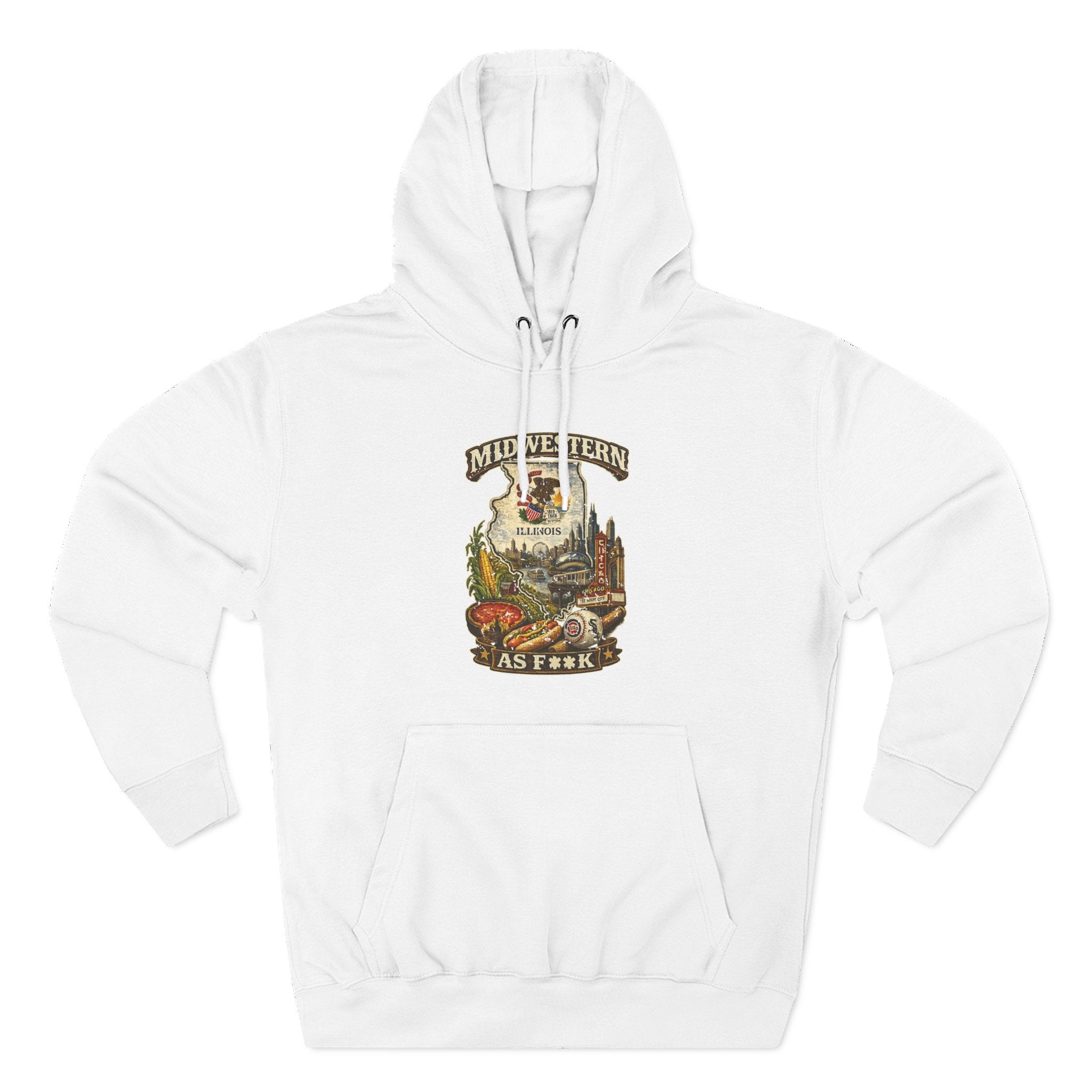 Slightly Salty Midwestern As F**K Illinois Hoodie in White – a distressed vintage design featuring the Illinois state outline overlaid with the state flag, surrounded by the Chicago skyline, the Chicago Theatre sign, The Bean, deep-dish pizza, a Chicago-style hot dog, and towering corn fields