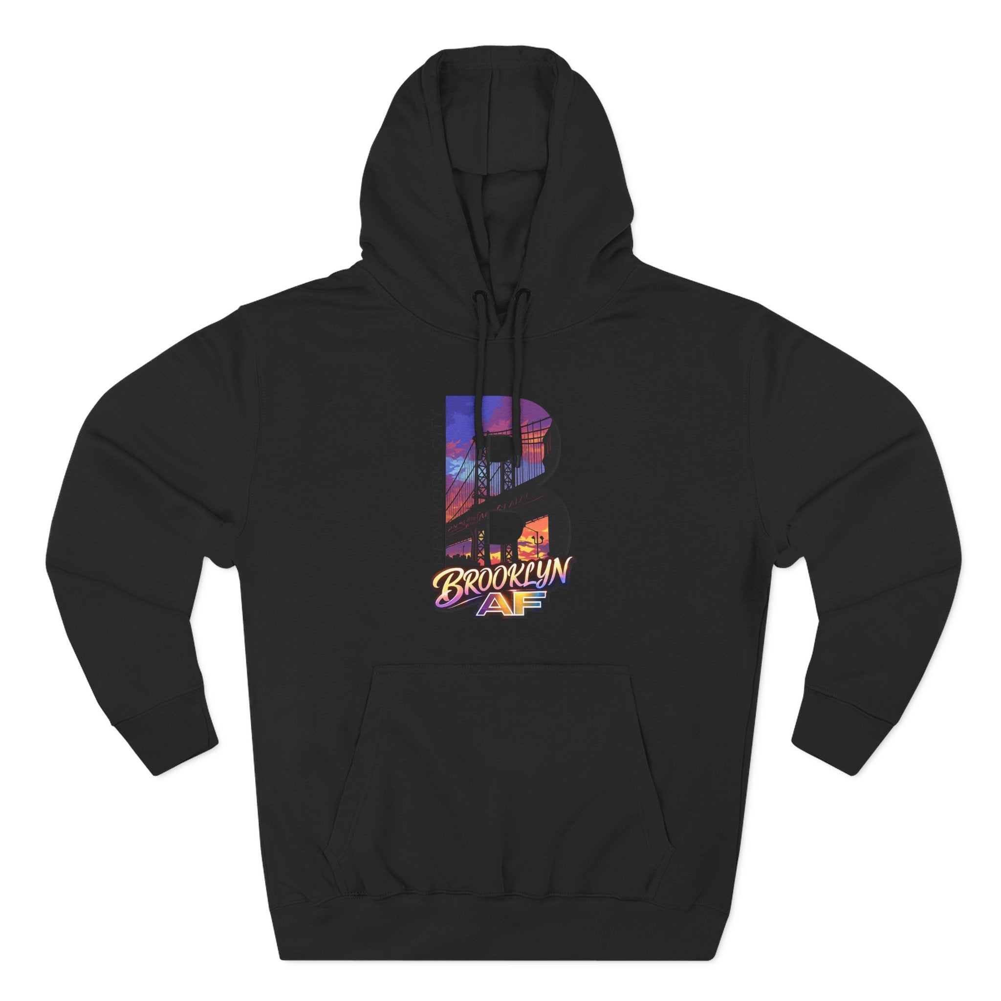 Black hoodie, flat lay front view, oversized B with the Brooklyn Bridge sunset skyline graphic and Brooklyn AF script logo.