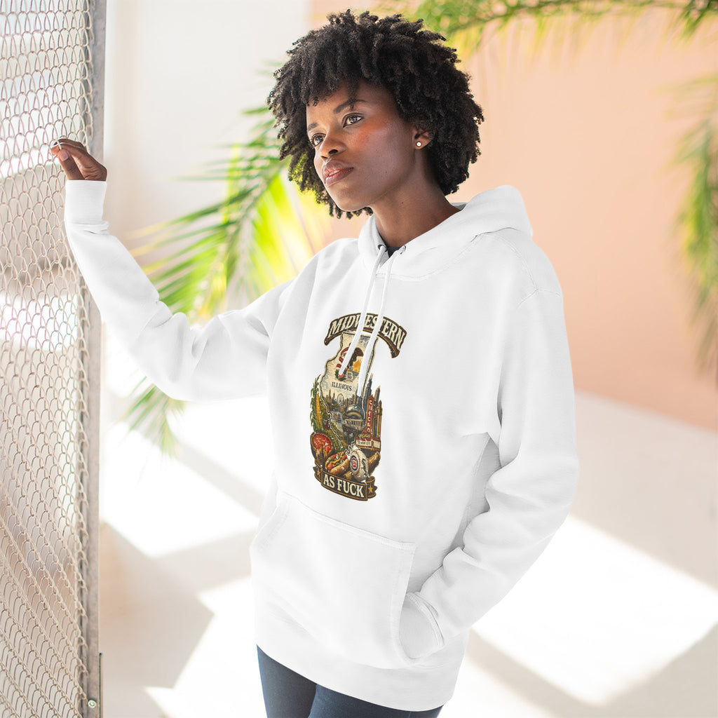 Midwestern As Fuck Illinois Hoodie – product photo 5 featuring a distressed vintage design featuring the Illinois state outline overlaid with the state flag, surrounded by the Chicago skyline, the Chicago Theatre sign, The Bean, deep-dish pizza, a Chicago-style hot dog, and towering corn fields