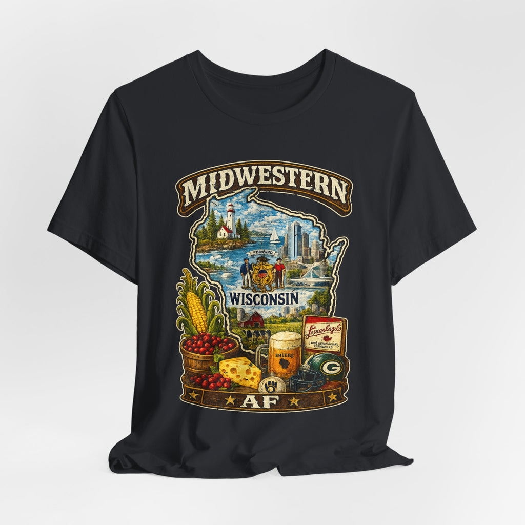 Midwestern AF Wisconsin T-Shirt | Funny Wisconsin Pride Tee | Bella + Canvas 3001 | Family Friendly Cheesehead State Shirt