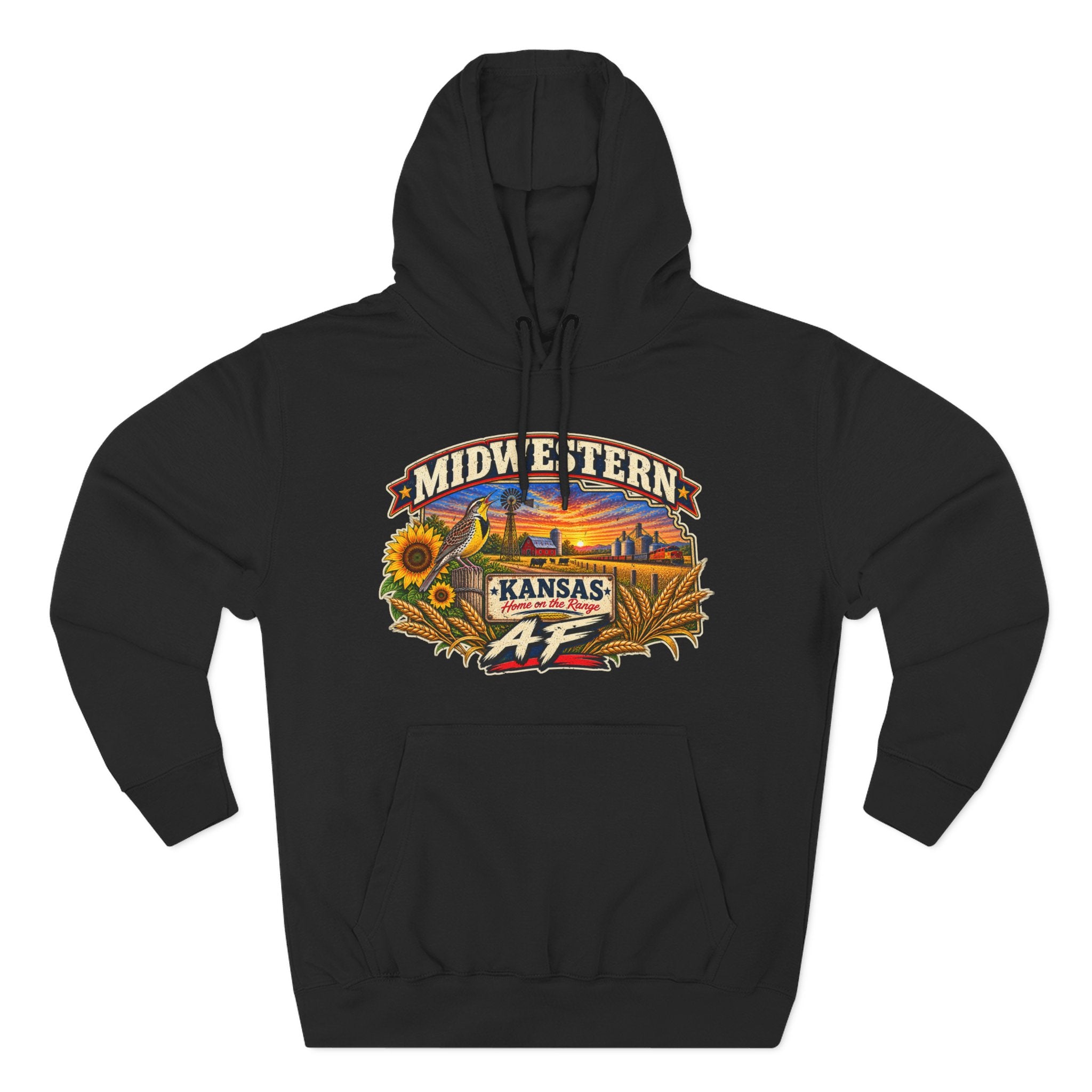 Black Kansas AF hoodie laid flat showing the full-colour Sunflower State graphic