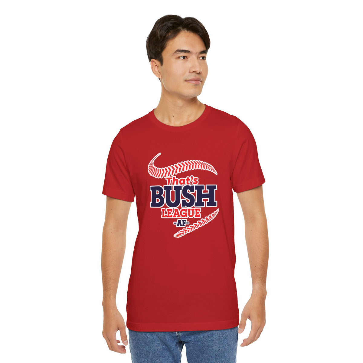 Man wearing the Red Bush League AF baseball tee with jeans, front print centred