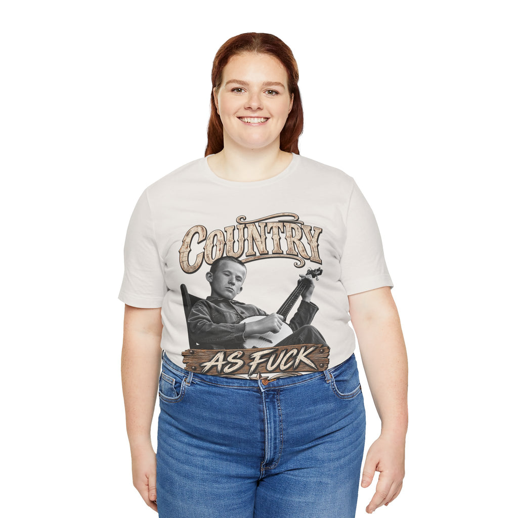 Woman in the Vintage White Country As Fuck tee, front print showing