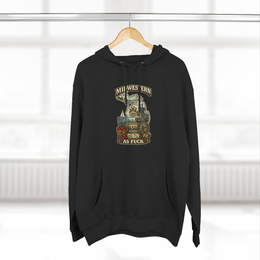 Midwestern As Fuck Michigan Hoodie – product photo 5 featuring a distressed vintage design featuring Michigan's Upper and Lower Peninsulas overlaid with the state outline, surrounded by Detroit's skyline, Woodward Avenue, the Great Lakes, and Traverse City cherries