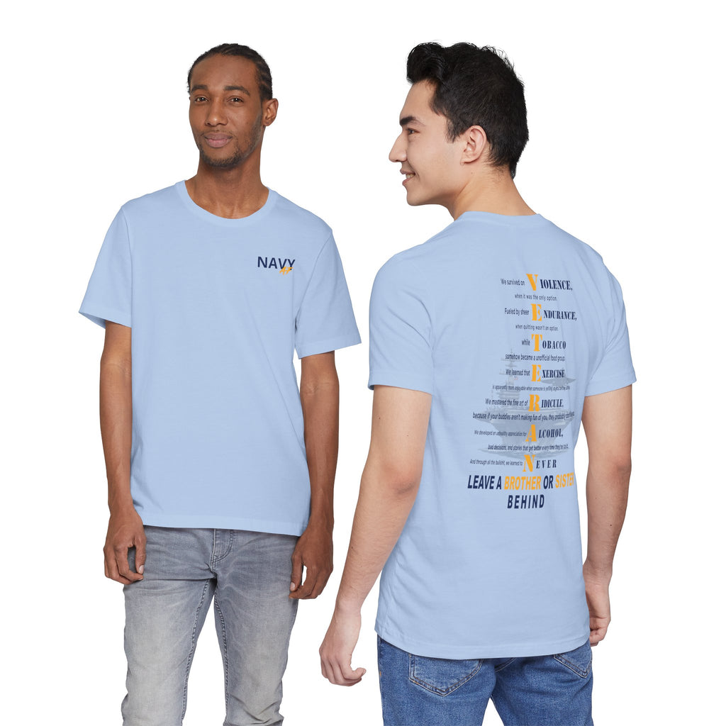 Two men wearing the Navy veteran T-shirt in Baby Blue, showing the front and back prints