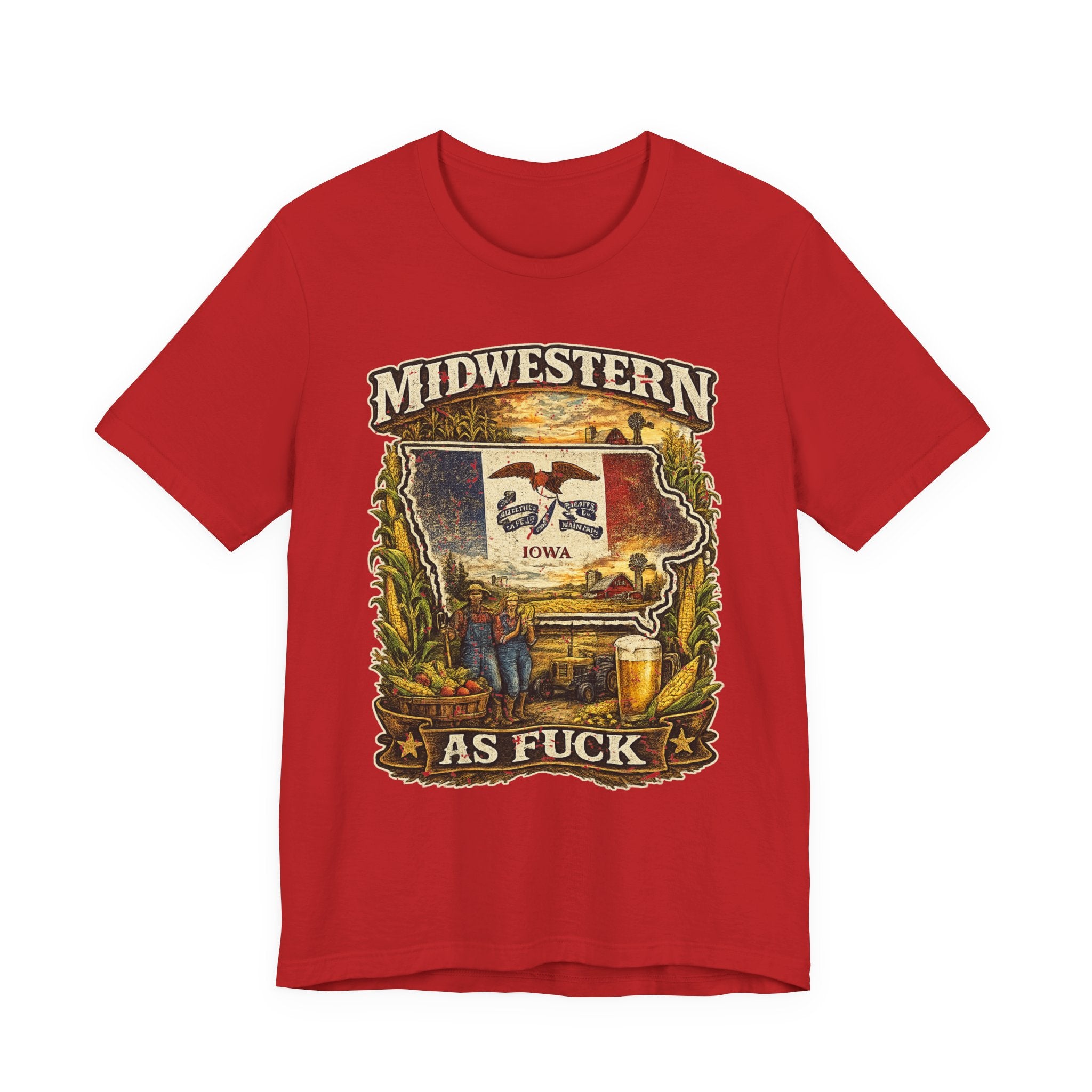 Midwestern As Fuck Iowa T-Shirt in Red – a distressed vintage design featuring the outline of Iowa overlaid with the Iowa state flag, surrounded by towering corn stalks, rolling farmland, a classic red barn, a windmill, a tractor, and an overflowing harvest basket