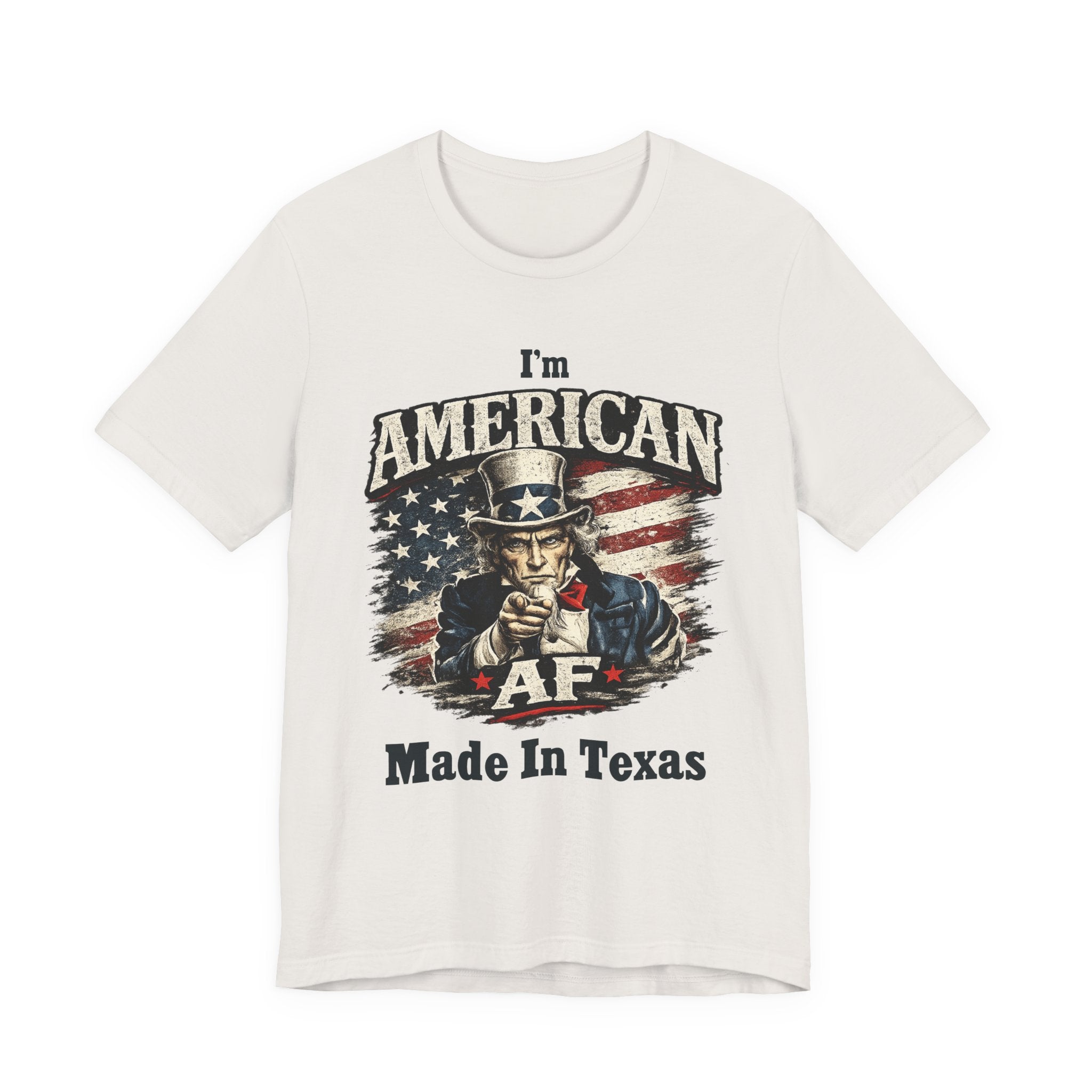 Soft cream flat lay tee with the Uncle Sam pointing graphic and 'I'm American AF, Made In Texas' text