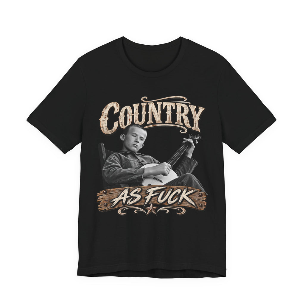 Black Country As Fuck tee laid flat, banjo picker and cream lettering