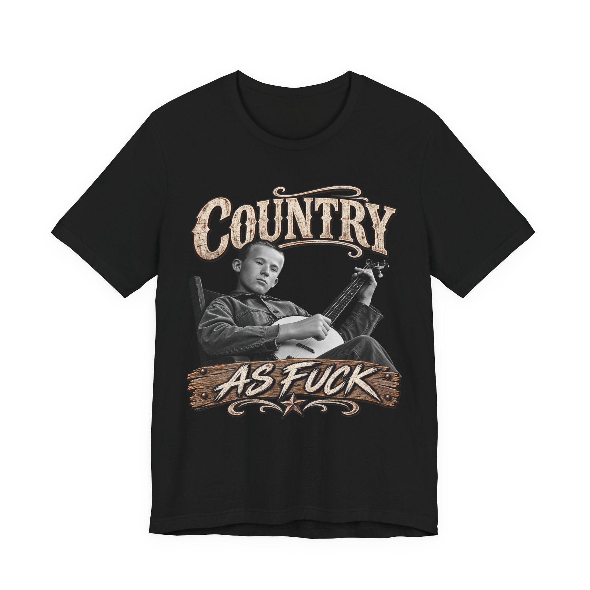 Black Country As Fuck tee laid flat, banjo picker and cream lettering