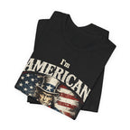 Black t-shirt folded into a stack, top fold showing the Uncle Sam graphic and I'm American lettering.