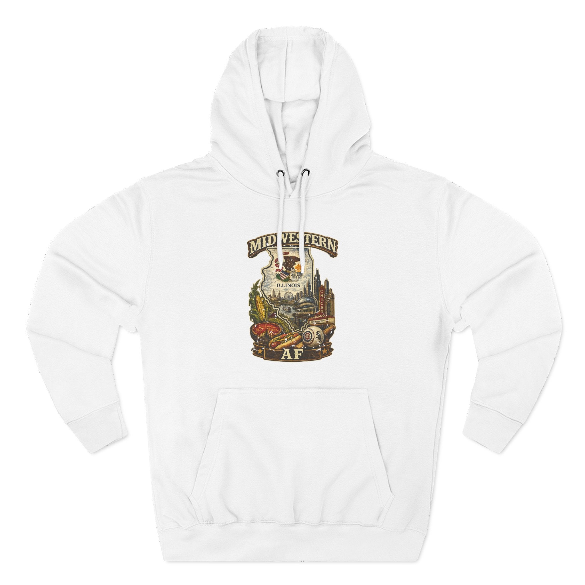 Family Friendly Midwestern AF Illinois Hoodie in White – a distressed vintage design featuring the Illinois state outline overlaid with the state flag, surrounded by the Chicago skyline, the Chicago Theatre sign, The Bean, deep-dish pizza, a Chicago-style hot dog, and towering corn fields