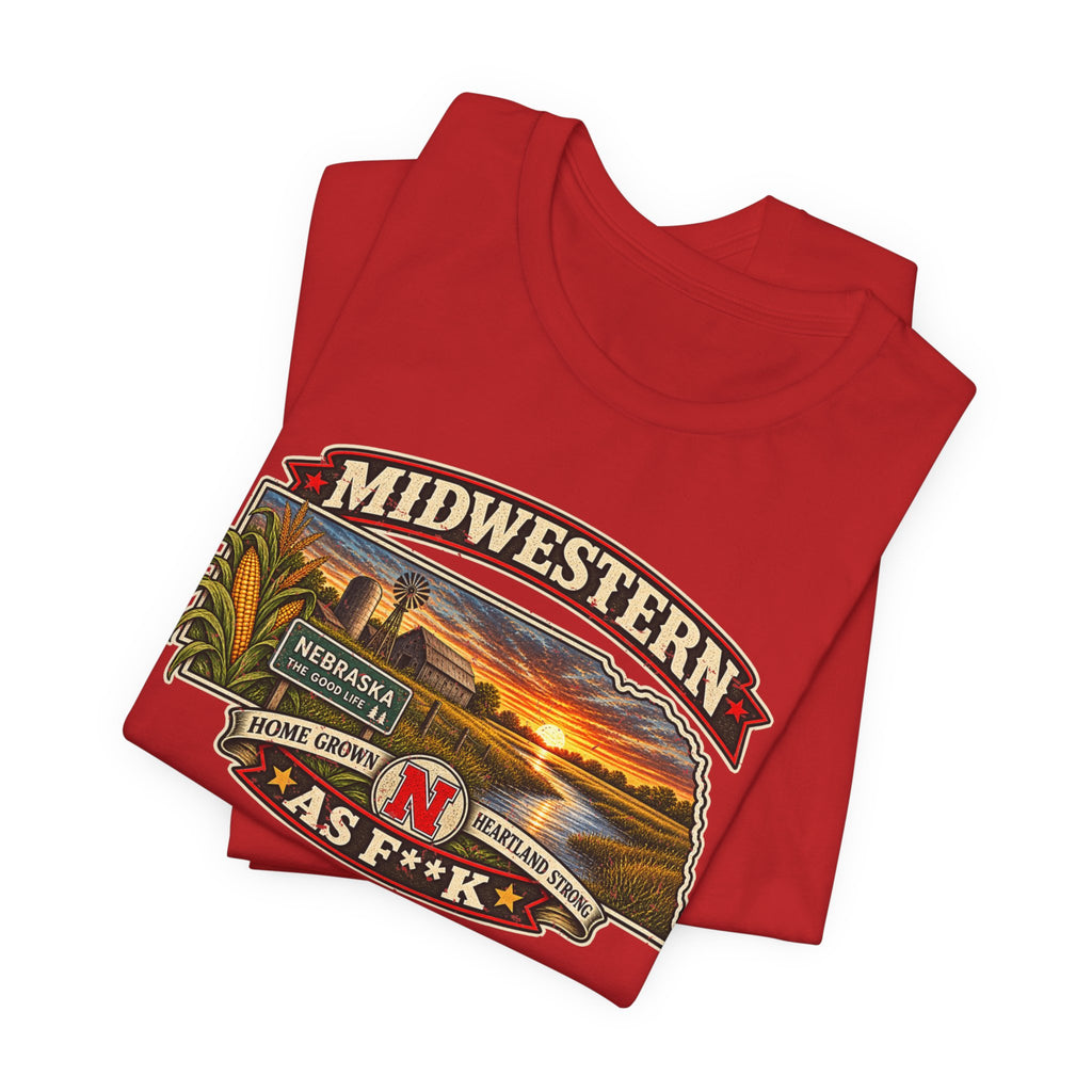 Folded red Nebraska As F**K tee, close on the corn, barn and sunset detail
