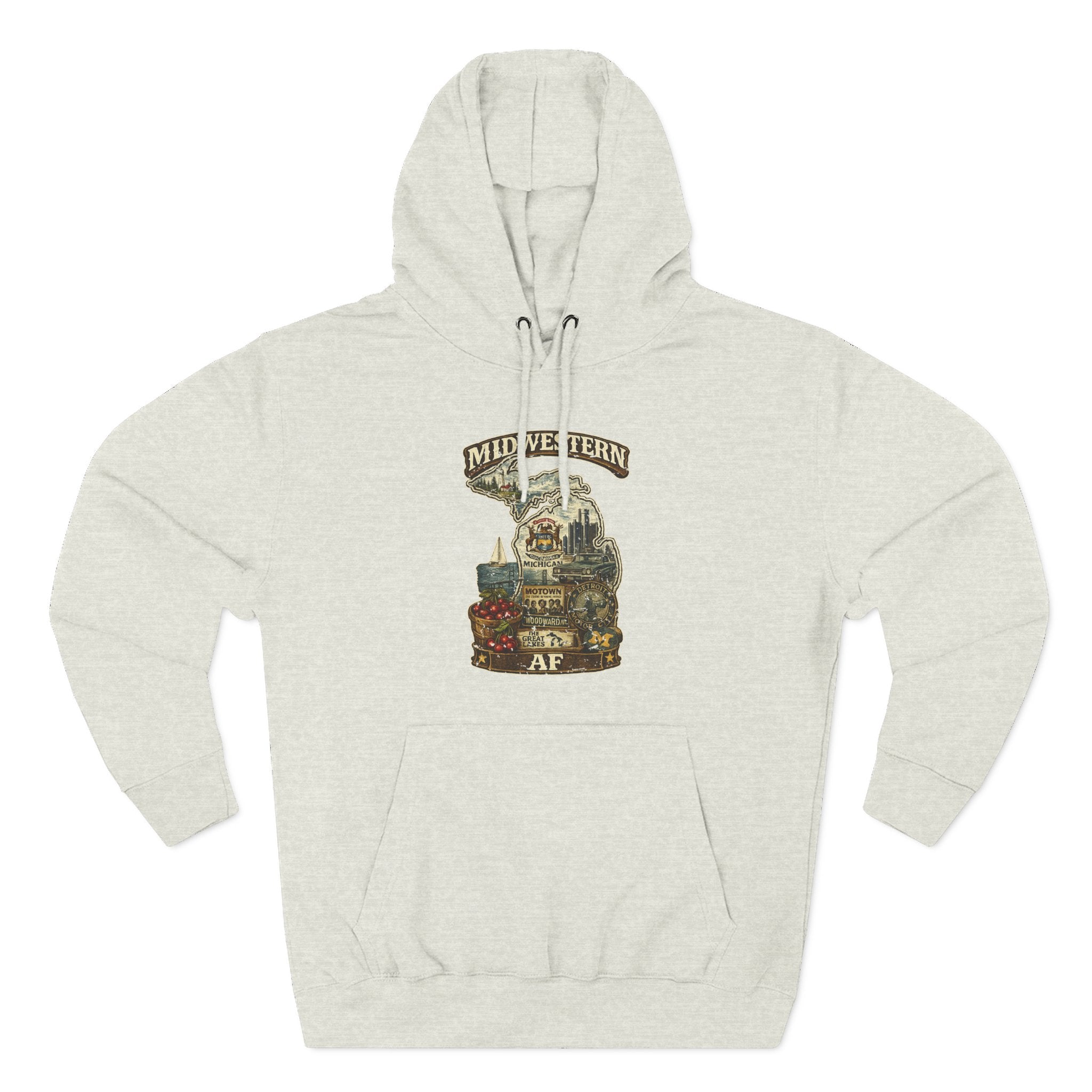 Family Friendly Midwestern AF Michigan Hoodie in Oatmeal Heather – a distressed vintage design featuring Michigan's Upper and Lower Peninsulas overlaid with the state outline, surrounded by Detroit's skyline, Woodward Avenue, the Great Lakes, and Traverse City cherries