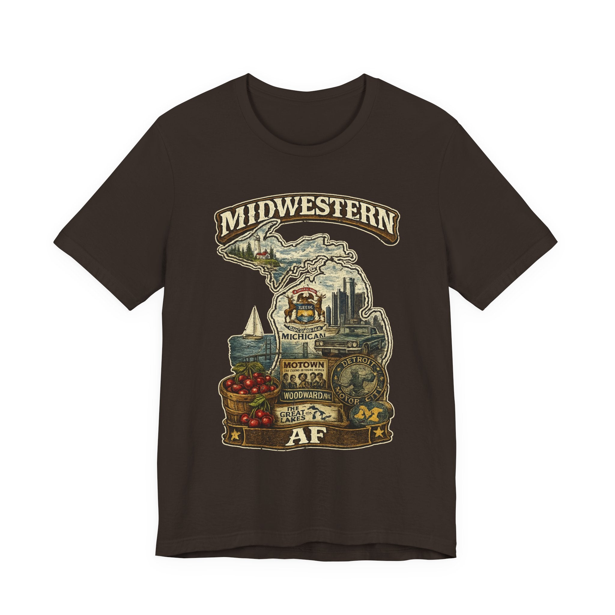 Family Friendly Midwestern AF Michigan T-Shirt in Brown – a distressed vintage design featuring Michigan's Upper and Lower Peninsulas overlaid with the state outline, surrounded by Detroit's skyline, Woodward Avenue, the Great Lakes, and Traverse City cherries
