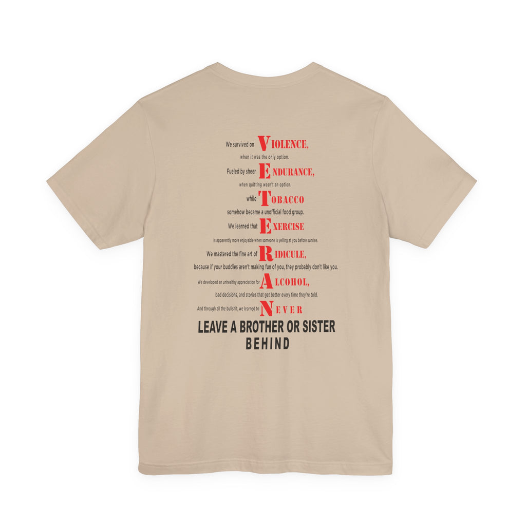 Marine Corps veteran T-shirt in Tan showing the VETERAN acrostic back print
