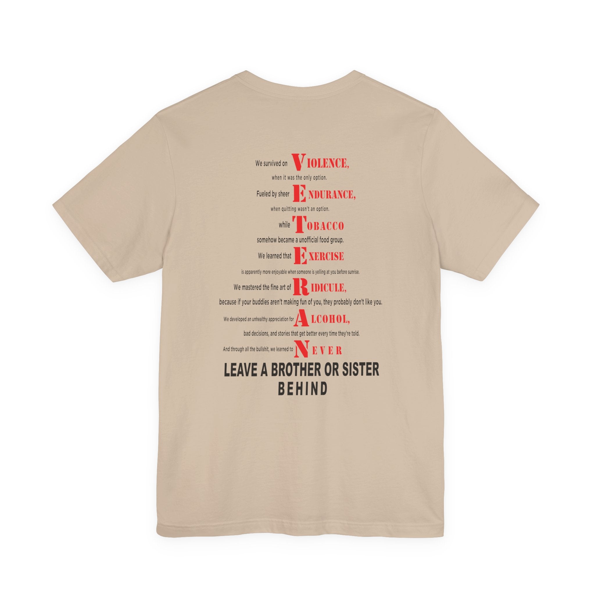 Marine Corps veteran T-shirt in Tan showing the VETERAN acrostic back print