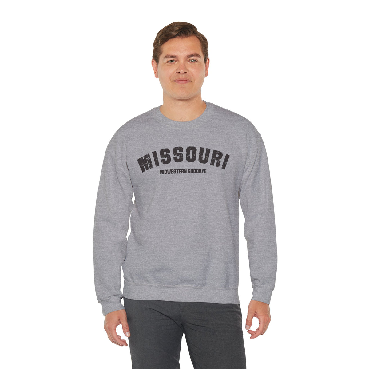 Male model in the sport grey personalized Missouri crewneck printed MISSOURI over MIDWESTERN GOODBYE