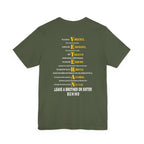 Marine Corps veteran T-shirt in Military Green showing the VETERAN acrostic back print in gold