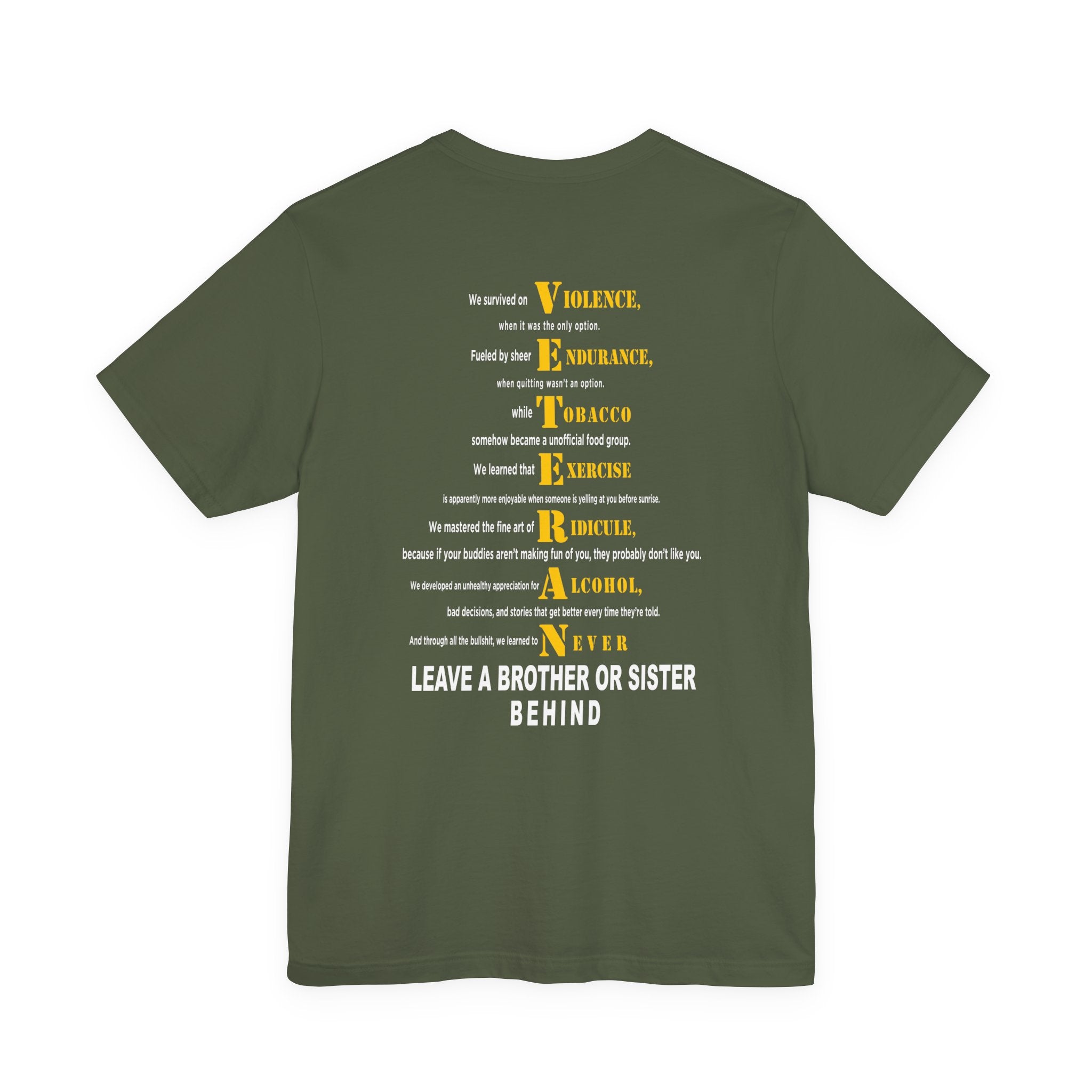 Marine Corps veteran T-shirt in Military Green showing the VETERAN acrostic back print in gold