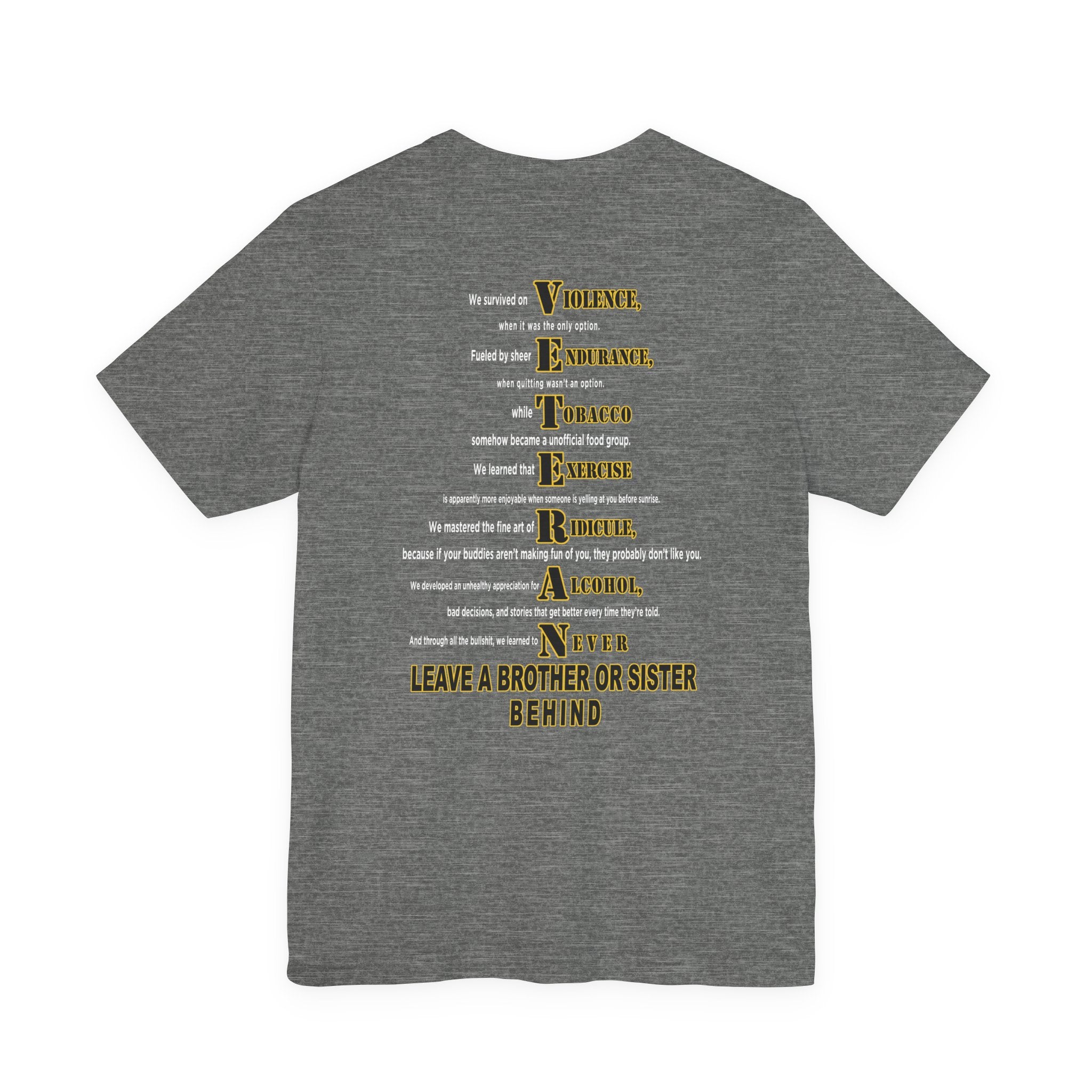 Army veteran T-shirt in Deep Heather showing the VETERAN acrostic back print in gold