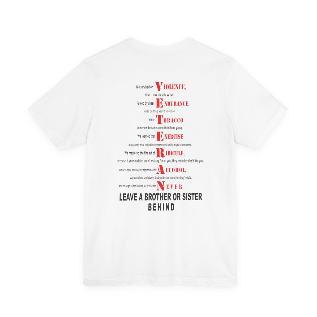 Marine Corps veteran T-shirt in White showing the full VETERAN acrostic back print