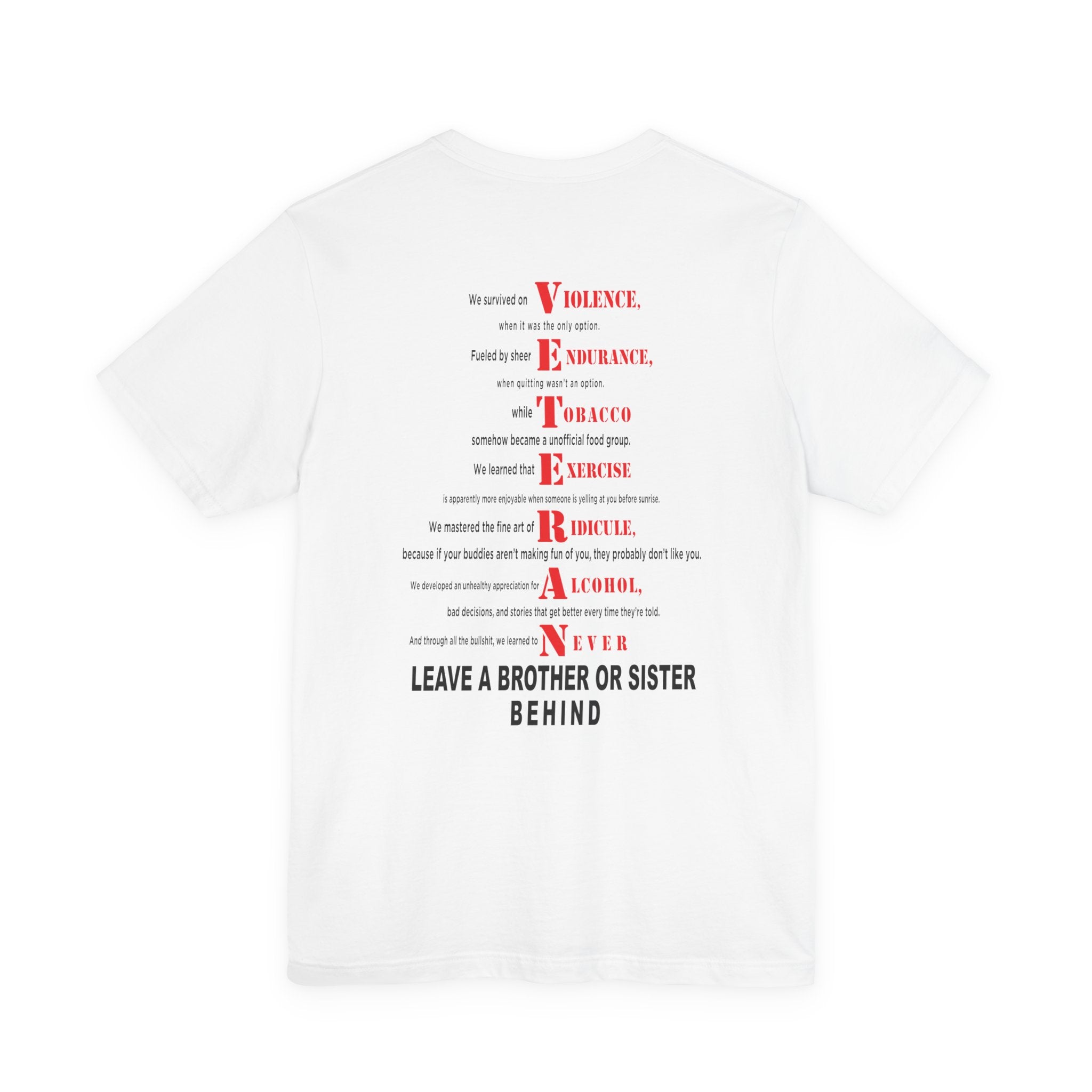 Marine Corps veteran T-shirt in White showing the full VETERAN acrostic back print