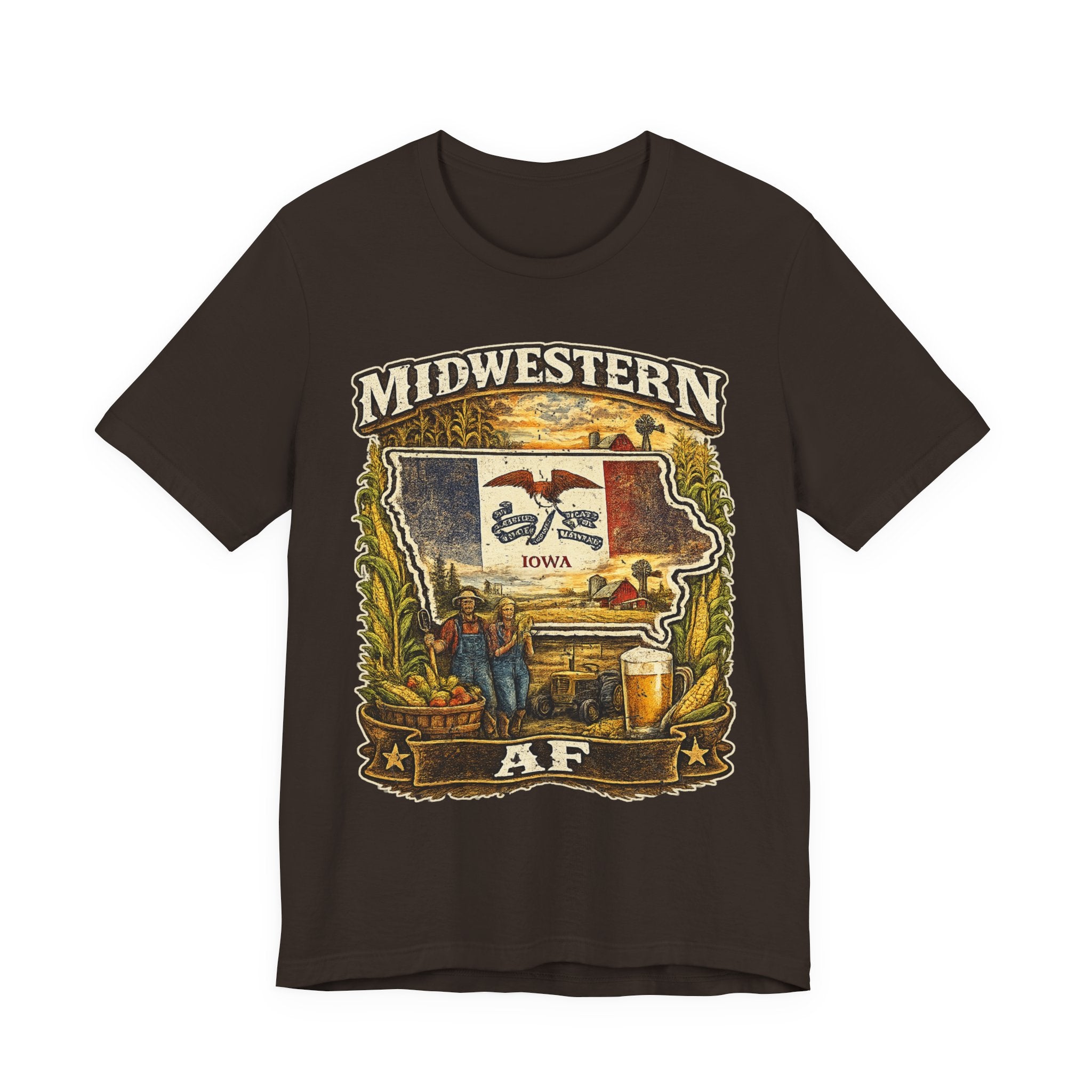 Family Friendly Midwestern AF Iowa T-Shirt in Brown – a distressed vintage design featuring the outline of Iowa overlaid with the Iowa state flag, surrounded by towering corn stalks, rolling farmland, a classic red barn, a windmill, a tractor, and an overflowing harvest basket