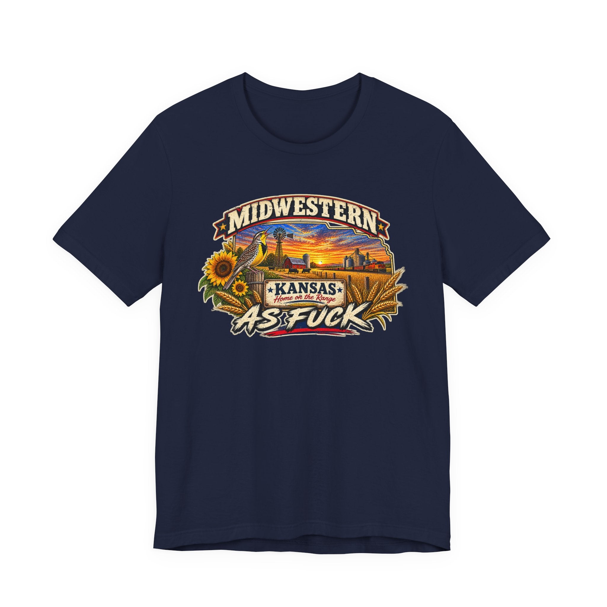 Navy Kansas As Fuck T-shirt laid flat, Midwestern lettering above the state graphic