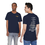 Two men wearing the personalized Navy veteran T-shirt in Navy, showing the front and back prints