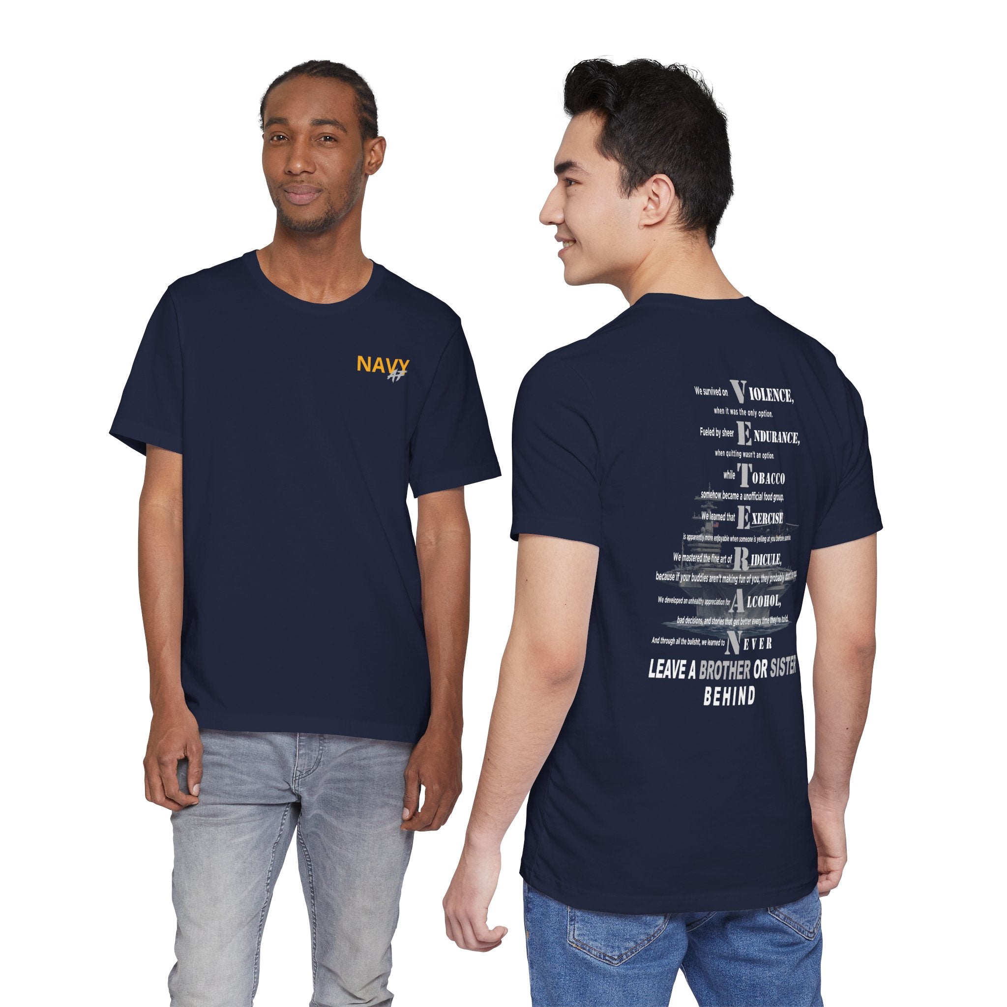 Two men wearing the personalized Navy veteran T-shirt in Navy, showing the front and back prints