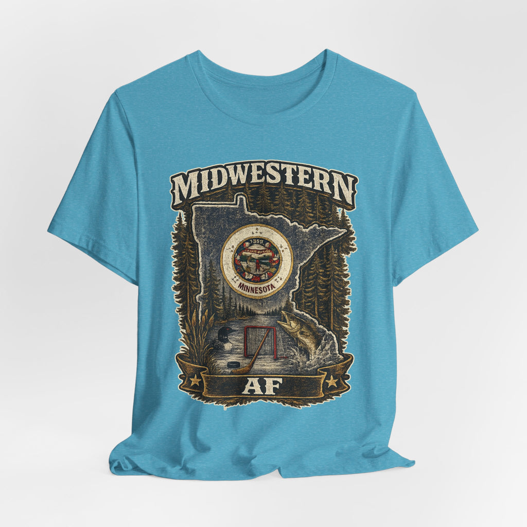 Family Friendly Midwestern AF Minnesota T-Shirt – product photo 13 featuring the distressed state flag, pine trees, loon and walleye design