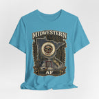 Family Friendly Midwestern AF Minnesota T-Shirt – product photo 13 featuring the distressed state flag, pine trees, loon and walleye design