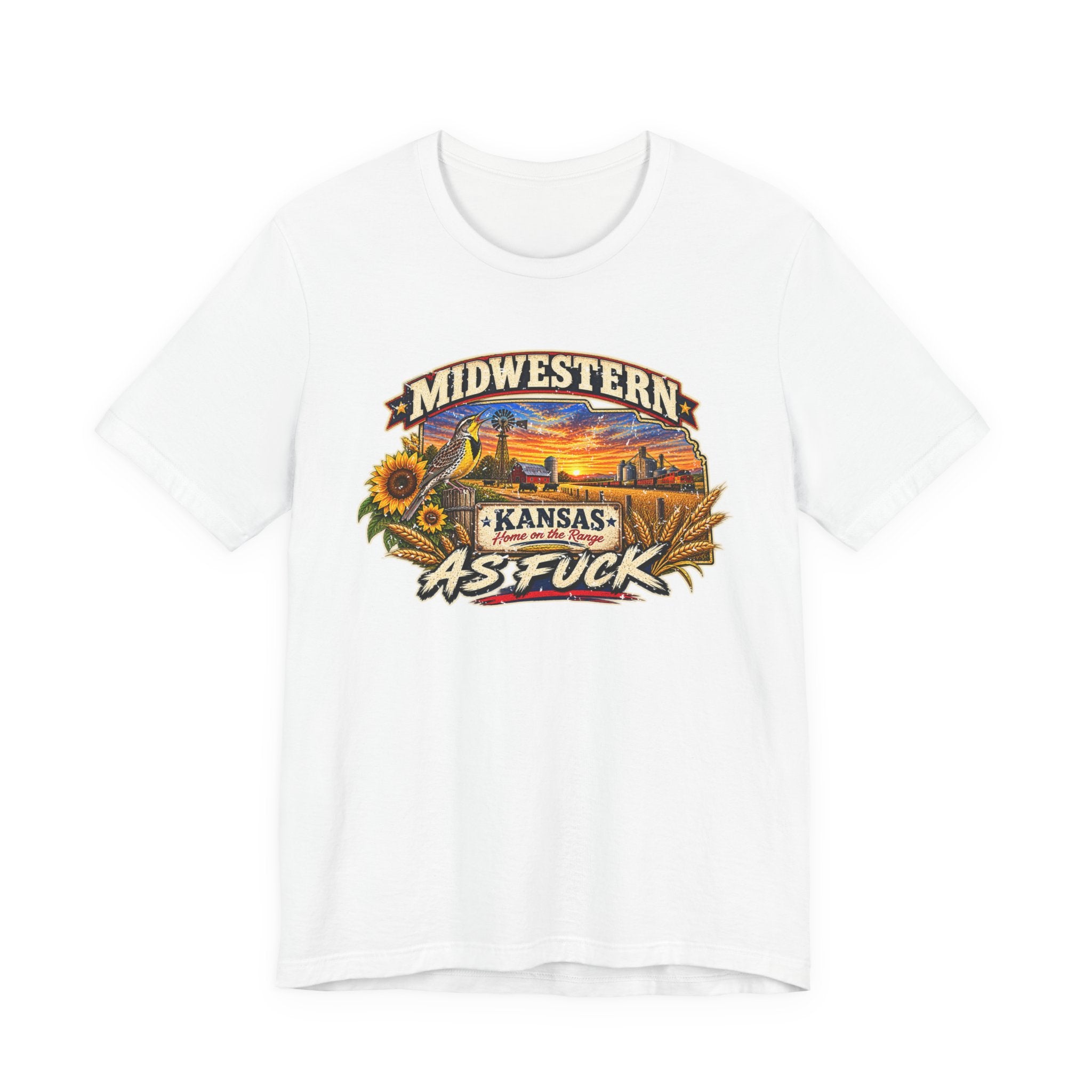 White Kansas As Fuck tee laid flat, full-colour Kansas farm graphic on the chest