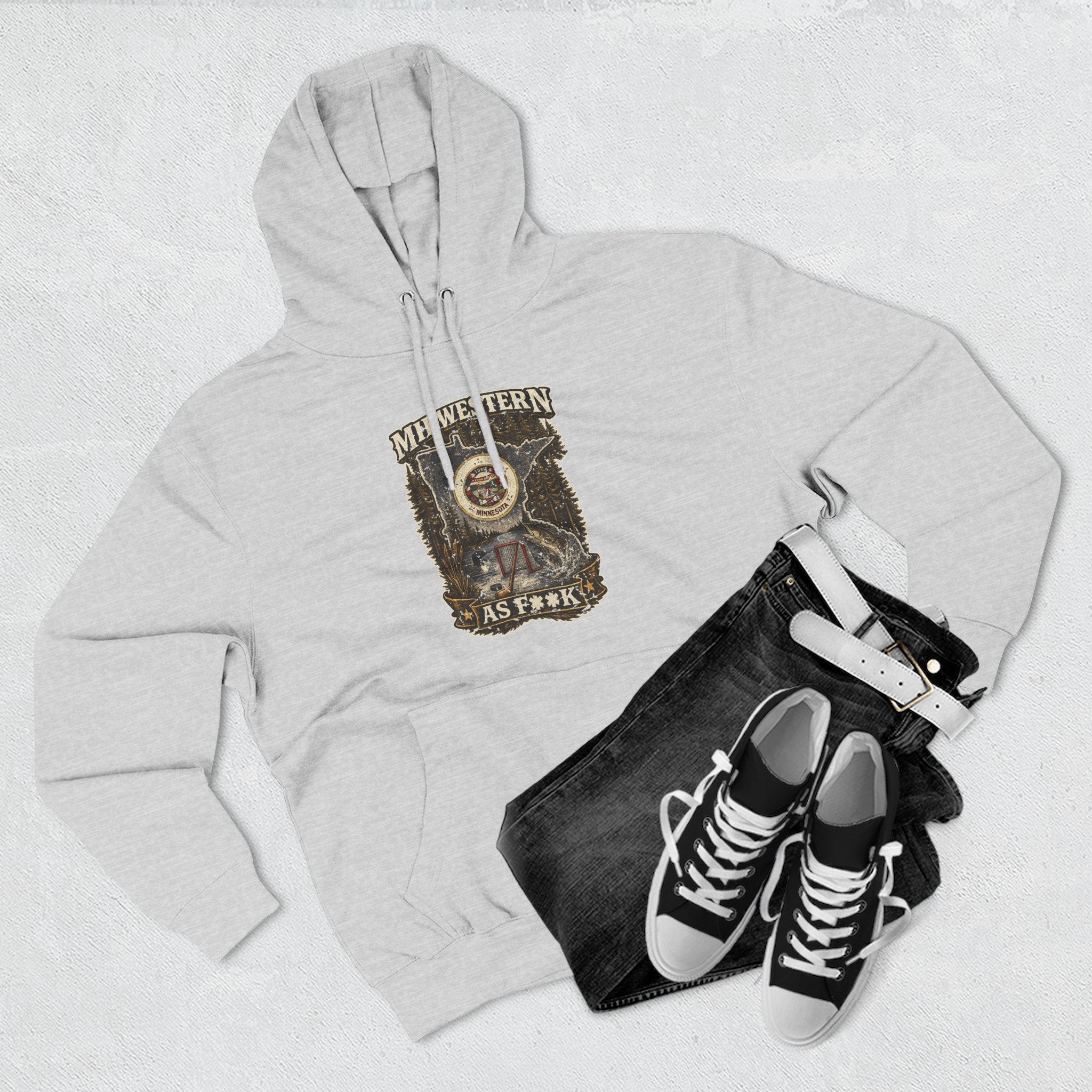 Slightly Salty Midwestern As F**K Minnesota Hoodie – product photo 13 featuring the distressed state flag, pine trees, loon and walleye design