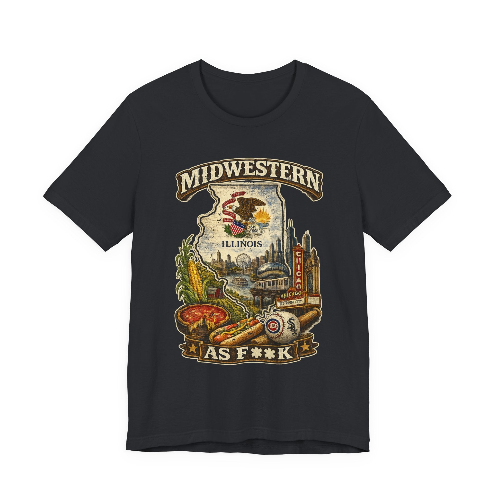 Slightly Salty Midwestern As F**K Illinois T-Shirt in Vintage Black – a distressed vintage design featuring the Illinois state outline overlaid with the state flag, surrounded by the Chicago skyline, the Chicago Theatre sign, The Bean, deep-dish pizza, a Chicago-style hot dog, and towering corn fields