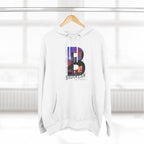 White hoodie on a wooden hanger, front view, featuring the 'B' Brooklyn skyline graphic and 'As Fuck' text.