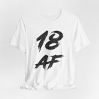 White birthday t-shirt laid flat and rumpled with the black 18 AF print