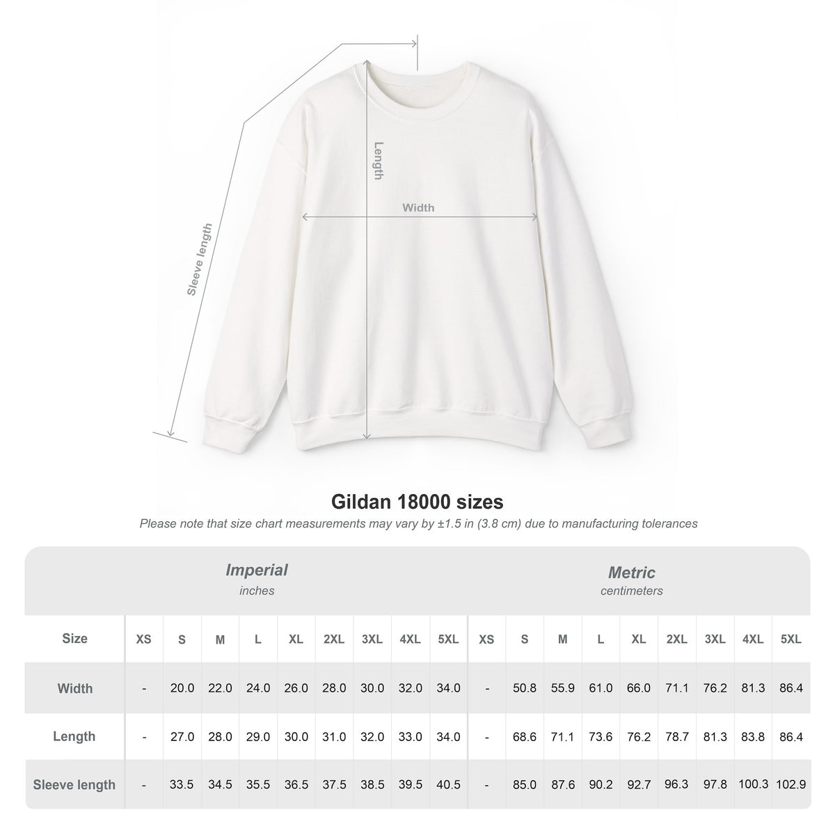 Gildan 18000 size chart with width, length and sleeve measurements in inches and centimetres